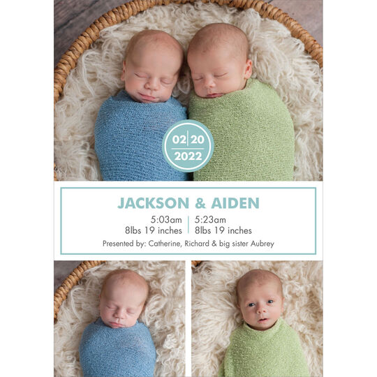 Slate and White Simple Twins Photo Birth Announcements